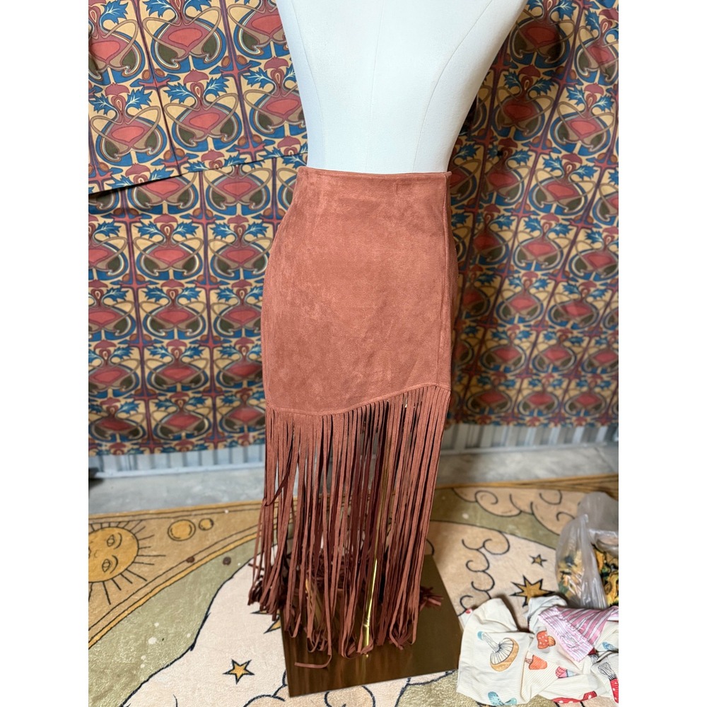 Rust Suede Fringe Midi Skirt - Women